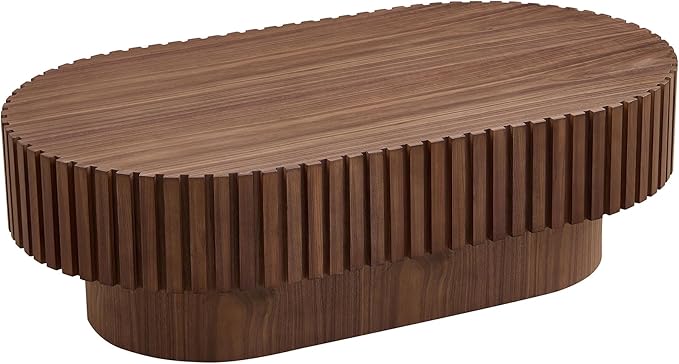 43.7 Inch Oval Drum Coffee Table, Modern Handcraft Fluted Drum Coffee Table, Wooden Oval Cocktail Tea Table Center Table with Sturdy Pedestal for Living Room Apartment (Walnut)