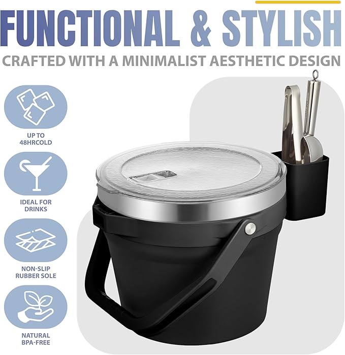 COKTIK 7L Vacuum Insulated Ice Bucket with Lid and Scoop& Tongs，Large capacity Stainless Steel Beverage Bucket for Cocktail, Champagne, Wine, Beer，Large Parties（Carbon Black Suit）