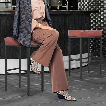 Athena Collection Counter Height Bar Stools Set of 2, 31.5 Inches Saddle Bar Stools with Leather Upholstered and Metal Legs, Backless Barstools for Counter, Kitchen Island, Dining Room, Mocha