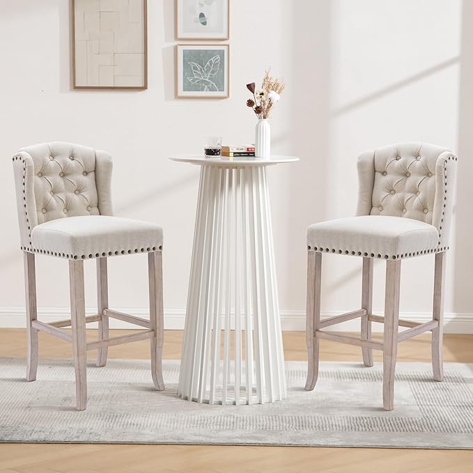 DUOMAY White Round Bar Table, 43.5" High Wood Bar Table with Stylish Geometric Base, Modern Style Cocktail Tables for Parties, Kitchen, Dining Room, Coffee Shop