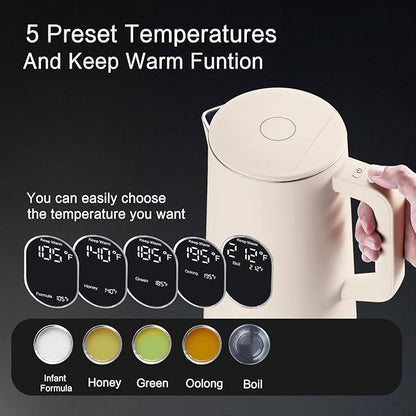 1.5L Electric Kettle Stainless Steel, Double Wall Cool Touch Teapot, Fast Boil,5 Temperature Control, LED Display, Auto Shut-Off,Keep Warm Function,Cream White
