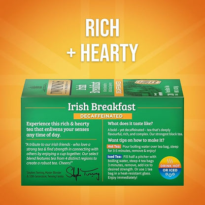 Twinings Decaffeinated Irish Breakfast Black Tea Individually Wrapped Bags, 20 Count (Pack of 1), Flavourful, Robust, Enjoy Hot or Iced, 20 Teabags