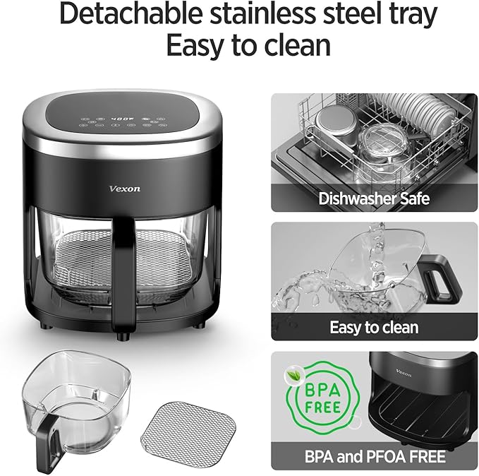 Vexon 6-IN-1 Glass Air Fryer,4.5QT Air Fryer with Viewing Glass Pot, Air Fry, Roast, Reheat, Dehydrate, Air Crisp Technology,Nonstick & Dishwasher Safe Basket,97% Less Oil,Features Digital Timer