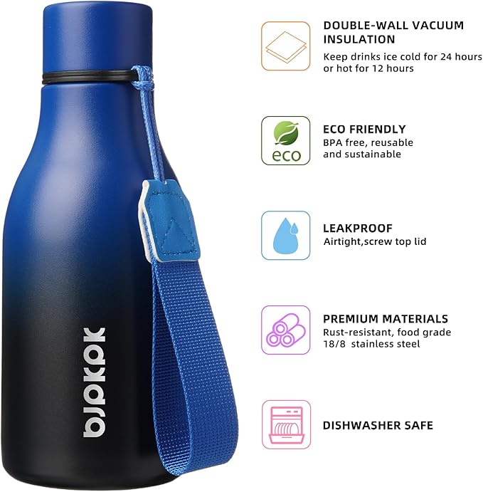 BJPKPK Insulated Water Bottles, 12oz Stainless Steel Metal Water Bottle with Strap, BPA Free Leak Proof Jugs, Mugs, Flasks, Reusable Thermal Flasks for Sports & Travel, Blue Black