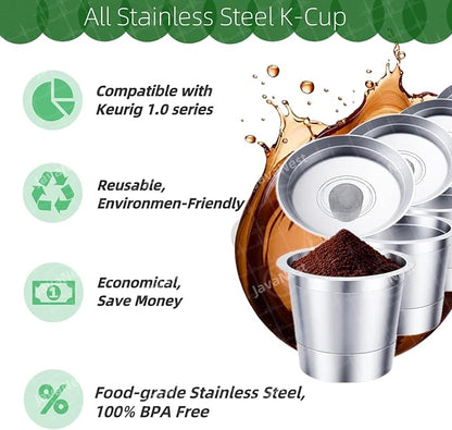 6 Pack Reusable K Cups with Stainless Steel Scoop – 304 Stainless Steel Coffee Pods Compatible with Keurig 1.0, Eco-Friendly Refillable Filter Set