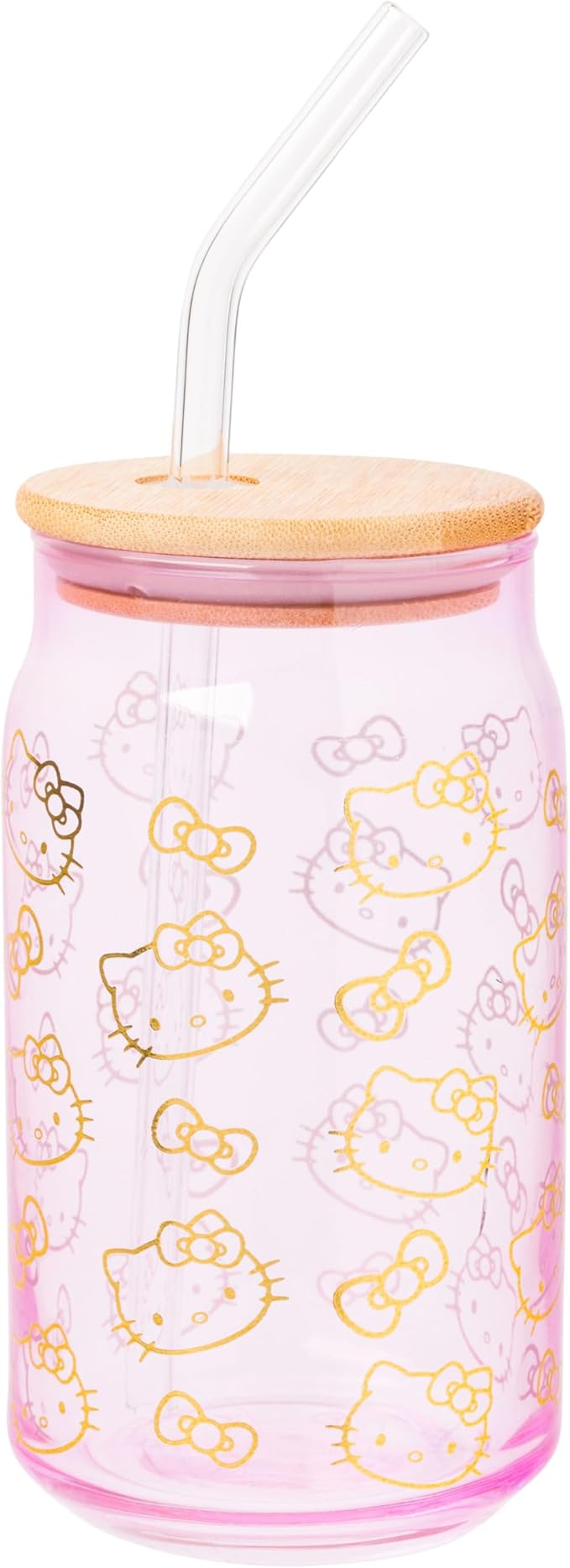 Silver Buffalo Sanrio Hello Kitty Gold 2 Pack Pink Glass Jar Tumbler with Bamboo Lid and Glass Straw, 16 Ounces
