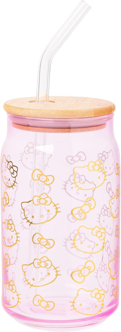 Silver Buffalo Sanrio Hello Kitty Gold 2 Pack Pink Glass Jar Tumbler with Bamboo Lid and Glass Straw, 16 Ounces