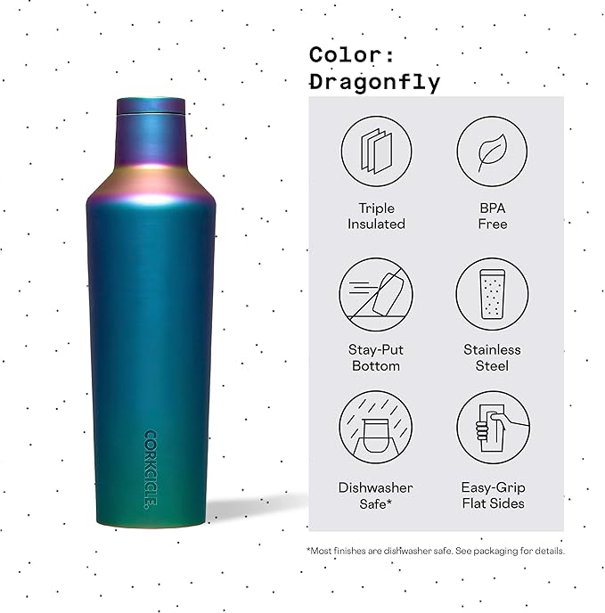 Corkcicle Classic Canteen Insulated Tumbler, Dragonfly, 16 oz – Reusable Water Bottle Keeps Beverages Cold for 25 Hours & Hot 12 Hours – Cupholder Friendly Tumbler with Screw-On Cap