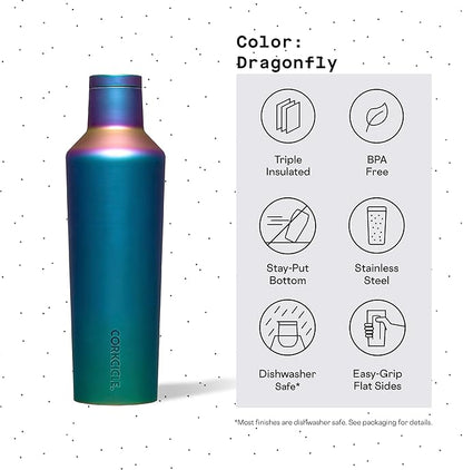 Corkcicle Classic Canteen Insulated Tumbler, Dragonfly, 16 oz – Reusable Water Bottle Keeps Beverages Cold for 25 Hours & Hot 12 Hours – Cupholder Friendly Tumbler with Screw-On Cap