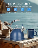 Load image into Gallery viewer, Harriet Tea Kettle Stovetop, 2.5 Quart Whistling Stainless Steel Tea Pot, 3-Layer Base, Unique Ergonomic Handle, Includes Pot Holder &amp; Mat, Electric/Induction/Gas Stovetops Applicable, Blue