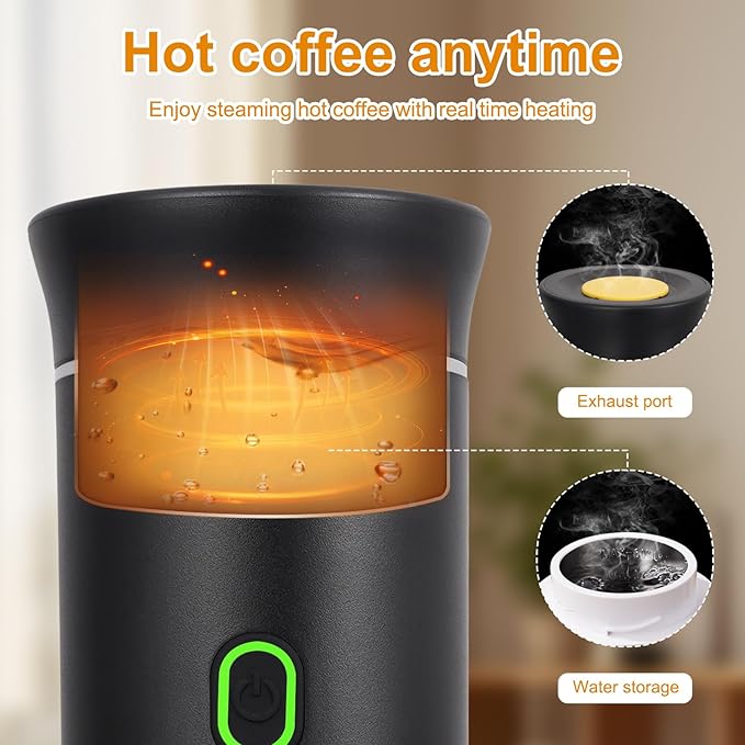 Portable Coffee Maker Set, Electric Espresso Machine & Manual Coffee Bean Grinder, Self-Heating Coffee Kit for Ground Coffee and Small & Big Capsules for Home Car Travel Camping Hiking