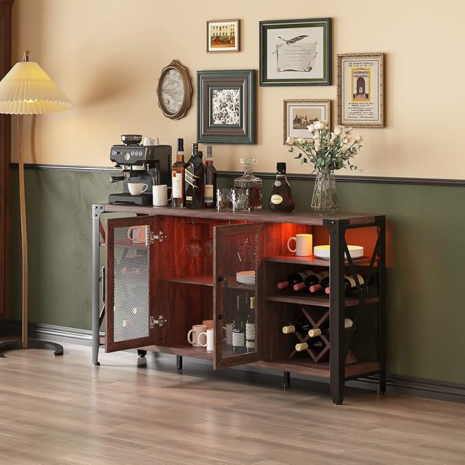 Vabches 58" Wine Bar with Wine Rack Storage,Alcohol Cabinet with LED Strip, Liquor Cabinet Bar for Home Dining Room, Sideboard Buffet with Storage