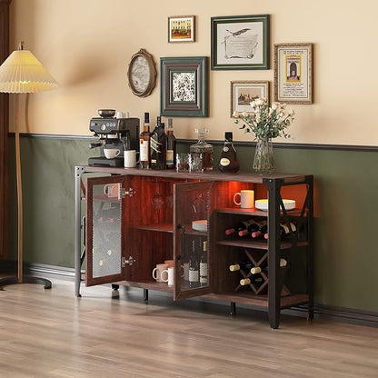 Vabches 58" Wine Bar with Wine Rack Storage,Alcohol Cabinet with LED Strip, Liquor Cabinet Bar for Home Dining Room, Sideboard Buffet with Storage