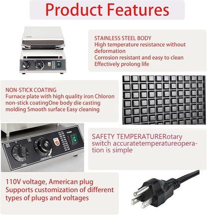 Electric Waffle Maker Machine 2200W, 1 Slice Nonstick Commercial Stainless Steel Square Waffle Maker, Temperature and Time Control, for Restaurant Bakeries Snack Bar Home, 50~300℃