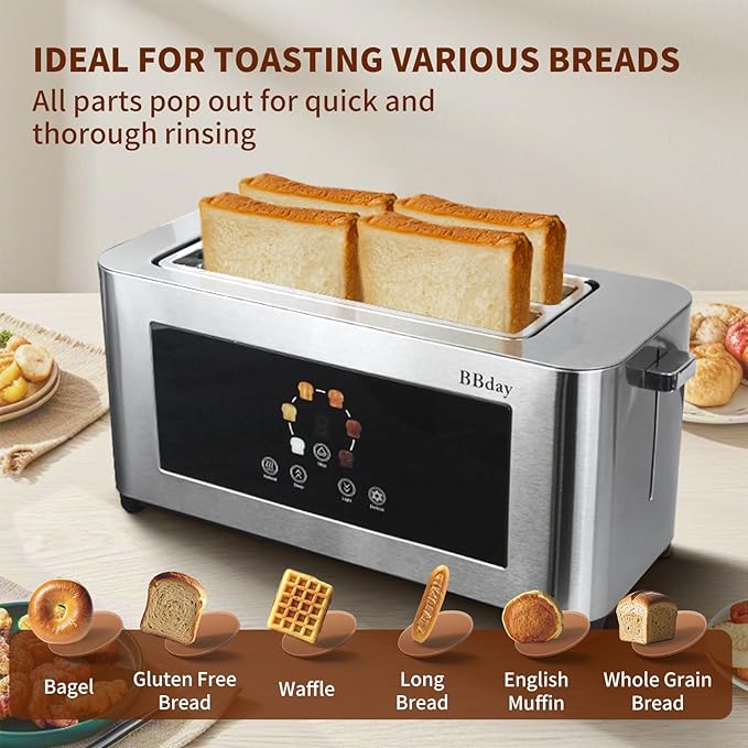 Touch Screen Smart Toaster 4 Slice, LCD Display, 1.6" Long Slot Toaster with 6 Shade Settings, Defrost, Reheat & Removable Tray, Wide Slot for Long Bread, Bagels, Waffles, 1300W, Stainless Steel