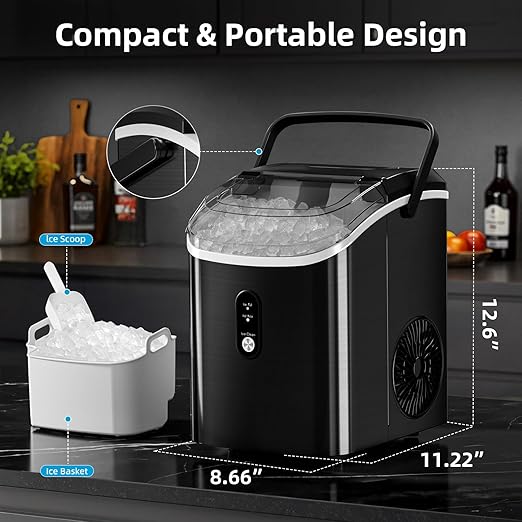 Antarctic Star Nugget Ice Maker Countertop with Soft Chewable Ice, Portable Sonic Ice Maker with Basket and Scoop, Removable Top Cover, Auto-Cleaning for Home/Party/RV/Camping (Stainless Steel Black)