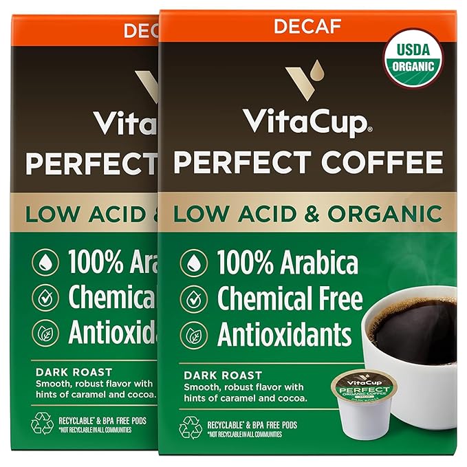 VitaCup Organic Perfect Dark Roast Decaf Coffee Pod for Pure & Clean Energy, Antioxidants, Low Acid, Peru Single Origin in Recyclable Single Serve Pod Compatible with Keurig K-Cup Brewers, 32CT