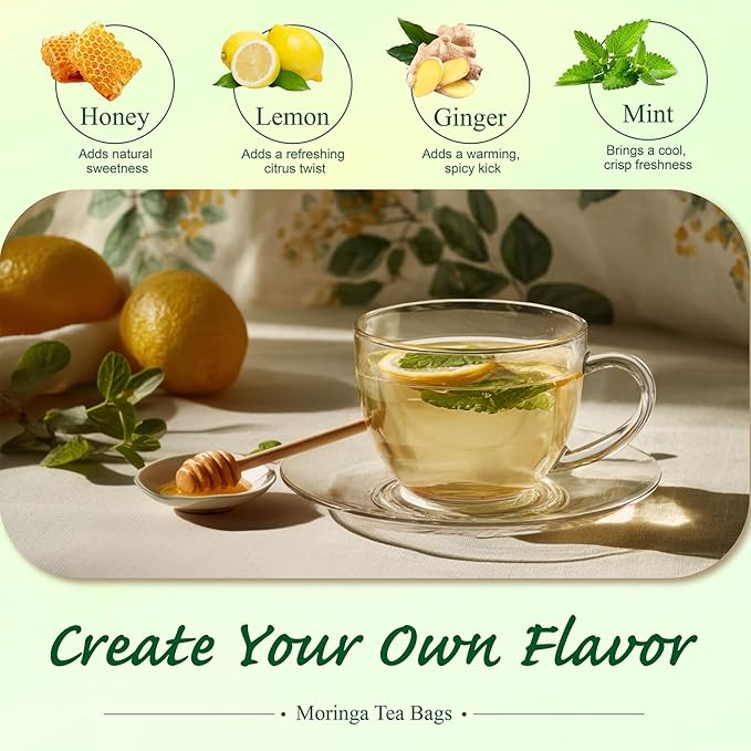 WT WEETEE Moringa Tea Bags 100 Count, 100% Pure Dried Moringa Leaves, Caffeine Free Nutrient-Dense Herbal Tea, Earthy Spinach Aroma & Bold Fermented Bean-Like Flavor