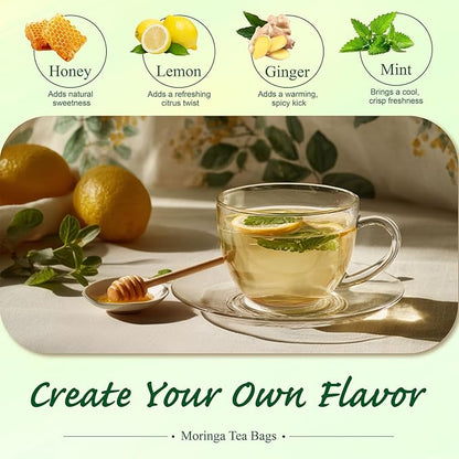 WT WEETEE Moringa Tea Bags 100 Count, 100% Pure Dried Moringa Leaves, Caffeine Free Nutrient-Dense Herbal Tea, Earthy Spinach Aroma & Bold Fermented Bean-Like Flavor