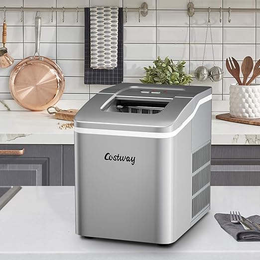 COSTWAY Countertop Ice Maker, 26Lbs/24H Portable Ice Machine with Self-Cleaning Function, Bullet Ice Cubes Ready in 8 Mins, Scoop and Removable Basket,Ice Maker for Home Party Bar, Silver