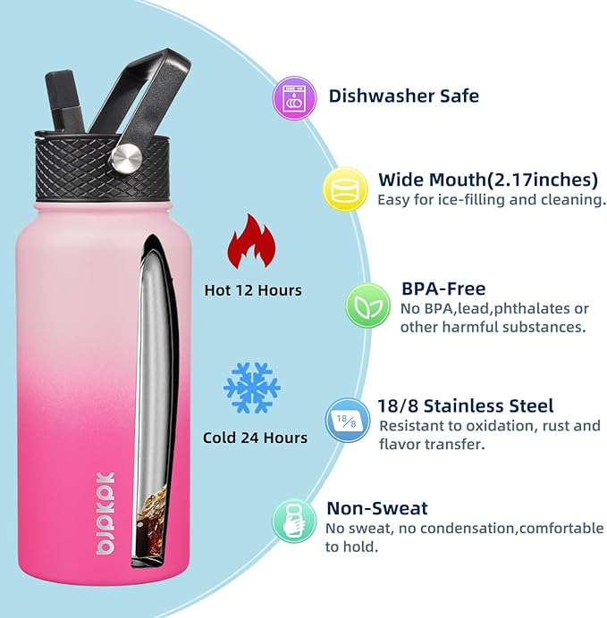 BJPKPK 2 Pack Insulated Water Bottles with Straw Lids, 27oz Stainless Steel Metal Water Bottle with 6 Lids, Leak Proof BPA Free Jugs, Cups, Flasks for Travel, Sports (Cherry+Black)