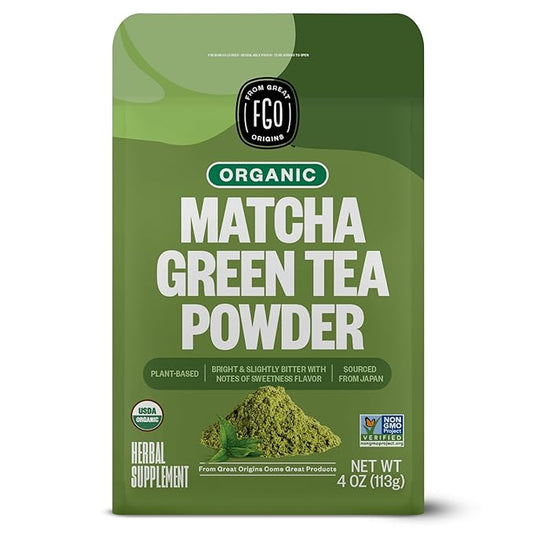 FGO Organic Matcha Green Tea Powder, Japanese Culinary Grade for Cooking, Baking, and Smoothies, 4 Ounce, Resealable Bag, Packaging May Vary (Pack of 1)