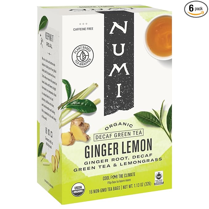 Numi Organic Ginger Lemon Decaf Tea, 96 Green Tea Bags with Ginger Root and Lemongrass