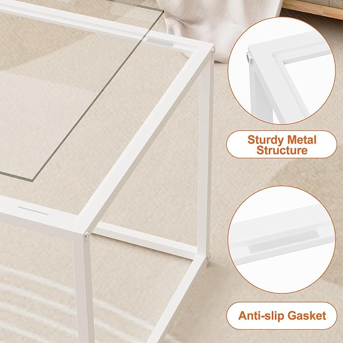 Coffee Table for Living Room, Glass Coffee Tables, Modern 39.4" Center Table for Small Space, Apartment, Office Living Room Home, Rectangular Coffee Table with Clear Glass Top & Metal Frame, White