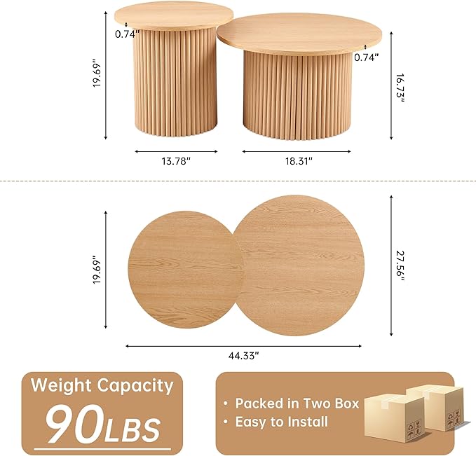 NORDICANA Nesting Round Coffee Table Set of 2, Boho 2 Piece Side Table End Table Set for Living Room Bedroom, Manufactured Wood Top with Oak Veneer