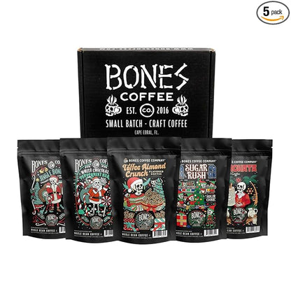Bones Coffee Company Holiday Favorites Bundle, 5 Assorted Flavored Coffee Low Acid Medium Roast Arabica Beans Specialty Coffee Gifts, Auto Drip and French Press Compatible, 4 oz Pack of 5 Whole Bean