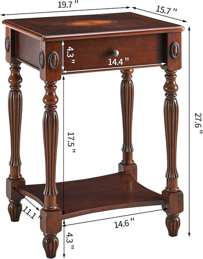 Solid Wood Retangle End Table with Drawer and Storage Shelf, 28"H Traditional Vintage Side Table Polished Edging Sofa Table Bedside Nightstand for Living Room Bedroom Home, Cherry Walnut GBJ-1533-WD