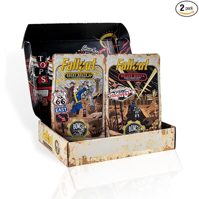 Bones Coffee Company Fallout Sin City Coffee Collector's Box, 2 Flavored Coffee Low Acid Medium Roast Arabica Beans Specialty Gifts, Auto Drip and French Press Compatible, 12 oz Pack of 2 Whole Bean