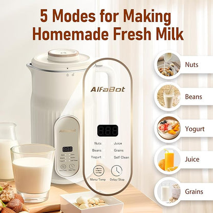 Nut Milk Maker, AlfaBot N2 Automatic Almond Milk Machine for Homemade Plant-Based Milk, Oat, Soy, Yogurt, 5 Modes/35OZ Big Capacity Soy Milk Maker with Delay Setting and Self Cleaning (White)