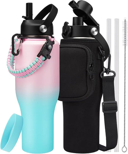 40oz Stainless Steel Water Bottles - Leak-Proof Insulated Tumblers with Straw Keep Cold 48H & Hot 24H, Vacuum Metal Coffee Mug Tumbler 40oz Water Bottle That Fits In Car Cup Holder