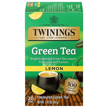 Twinings Green Tea with Lemon Individually Wrapped Bags, 20 Count (Pack of 1), Zesty Citrus Aroma & Flavour, Caffeinated, Enjoy Hot or Iced, 20 Teabags