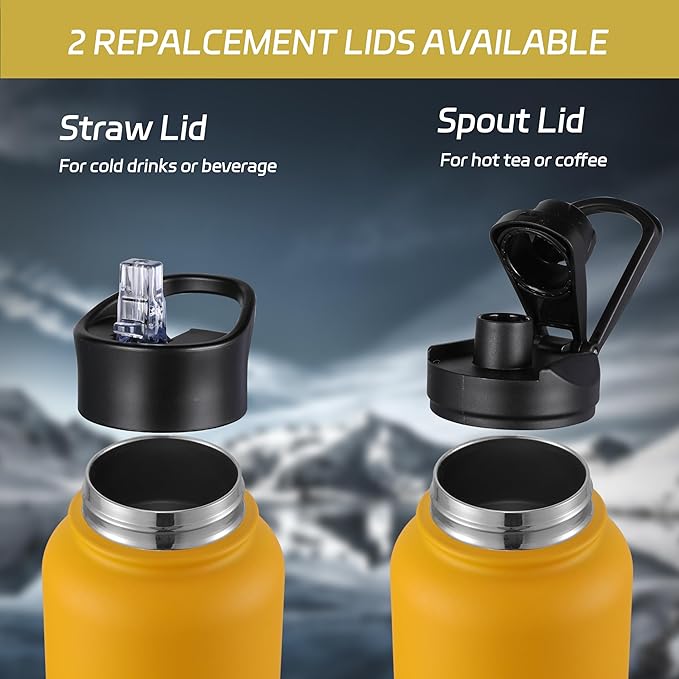 HASLE OUTFITTERS 32 oz Insulated Water Bottle Stainless Steel Double Walled Vacuum Sports Water Bottle with 2 Lids (Straw and Spout Lid) for Gym Camping Hiking(Yellow Orange Gradient,1)