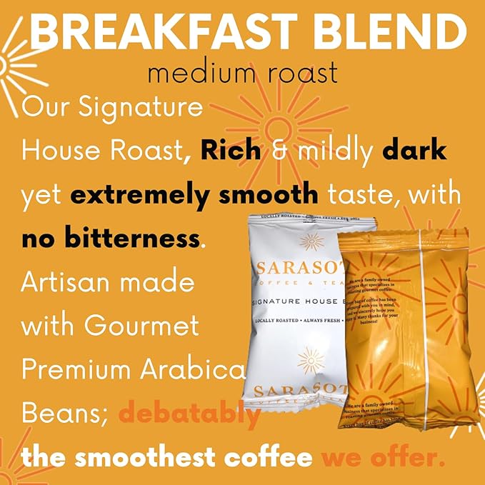 Sarasota Coffee Ground Packets | Gourmet Medium Roast Bulk Coffee Packs | Breakfast Blend | Low Acid Mold Free Singles Individual Pouches for 12 Cup | 1.75 Ounce Bags, 100 Count