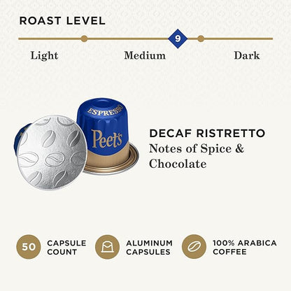 Peet's Coffee, Medium Roast Decaf Espresso Capsules, Compatible with Nespresso Original Machine - Decaf Ristretto Intensity 10, 50 Count (5 Boxes of 10 Espresso Capsules)