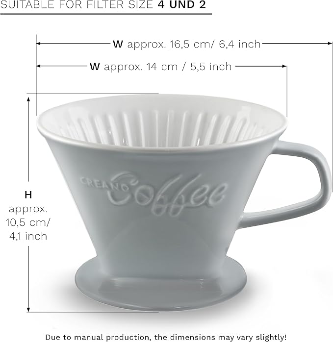 Creano Porcelain Coffee Dripper Stone Grey - Ceramic Cone Brewer - Pour Over Coffee Maker for Filter Bags Size 4 - Easy Manual Brew for pure taste - also for Camping, Hiking