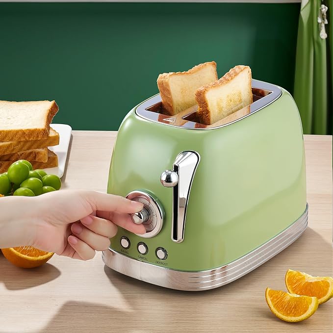 Green Cute Retro Toaster 2 Slice with 1.58" Wide Slots, with Stainless Steel Lid, with Warming Rack, Preheat, Defrost, Countdown Timer Display