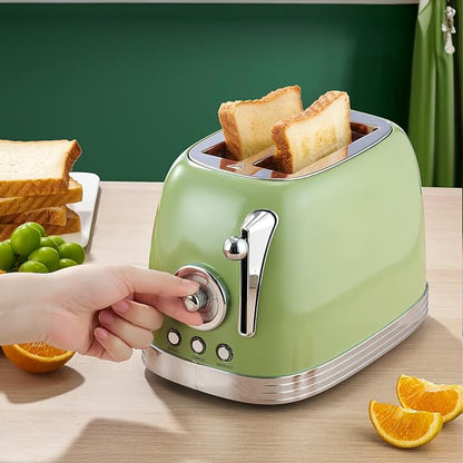 Green Cute Retro Toaster 2 Slice with 1.58" Wide Slots, with Stainless Steel Lid, with Warming Rack, Preheat, Defrost, Countdown Timer Display