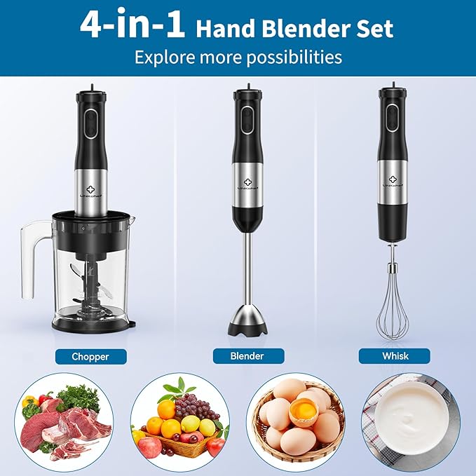 LINKChef 4 in 1 Immersion Blender Handheld, 800W with Titanium Steel Blades, 20 Speeds, Turbo Mode, Scratch-Resistant Stick Hand Blender with Whisk & Food Processor