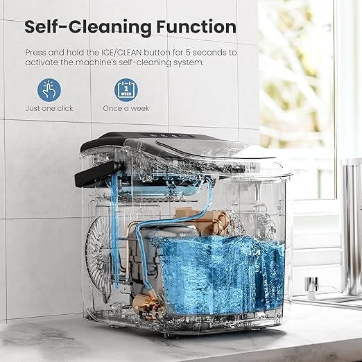 Countertop Ice Maker Machine with Handle, Portable Maker, 27lbs/24Hrs, 7Mins/9 Pcs ice Cubes, Self-Cleaning Table Top Maker with Ice Basket/Scoop, for Home/Kitchen/Office(Stainless Steel Black)