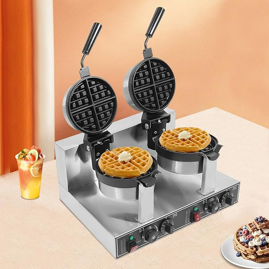Commercial Dual-Head Rotating Non-Stick Round Belgian Waffle Maker - 2400W Stainless Steel Waffle Iron Machine for Restaurant or Bakery - Temperature and Time Control, 110V
