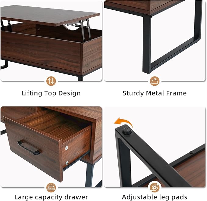 CLATINA Lift Top Coffee Table with Drawer and Hidden Compartment, Pop Up Coffee Table for Living Room, 41.7in Mid Century Modern Wood Coffee Table, Rustic Brown