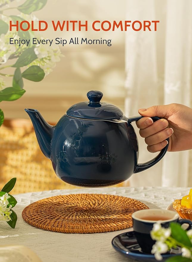 Sweese Teapot, Porcelain Tea Pot with Stainless Steel Infuser, Blooming & Loose Leaf Teapot - 27ounce, Navy