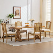 Vintage French Country Dining Chairs Set of 4, Beige Cane Back Rattan Dining Chairs with Linen Upholstered Seat, Solid Wood Legs, Farmhouse Kitchen & Dining Room, Sillas De Comedor (Beige, 4Pcs)