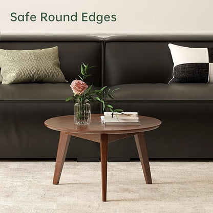 100% Solid Oak Wood Mini Coffee Table, Round Living Room Table Side Table w/Solid Wood Legs, Walnut Mid Century Sturdy Tables for Bedroom Balcony Living Room (23.62" D x 13.78" H)
