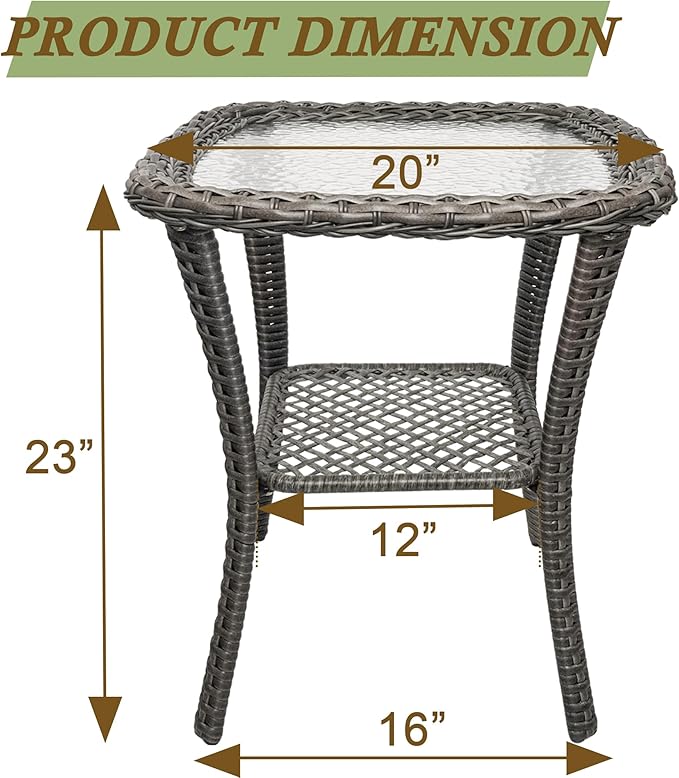 Outdoor Wicker Side Table,Double Rectangular Wicker Patio Table with Storage,All Weather Resin Rattan Patio Glass Coffee Desk for Garden,Backyard,Pool Indoor Companion
