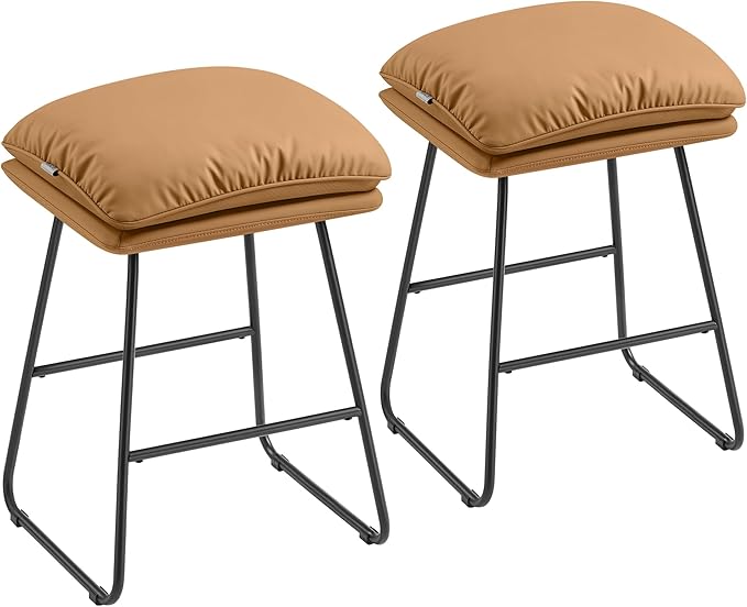 VASAGLE Bar Stools Set of 2, Counter Height Bar Stools, Leather Counter Stools Barstools with Soft Cushion and Metal Sled Legs, 25.6 Inches Bar Height Bar Chairs for Kitchen Island, Caramel Brown